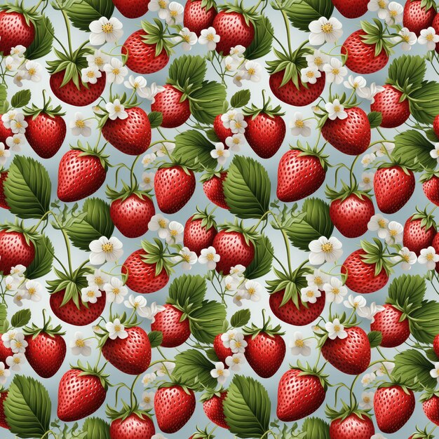 Photo strawberries seamless pattern with flowers