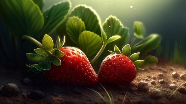 Strawberries on the soil Organic farming sweet berry Garden growing fruit Generative AI