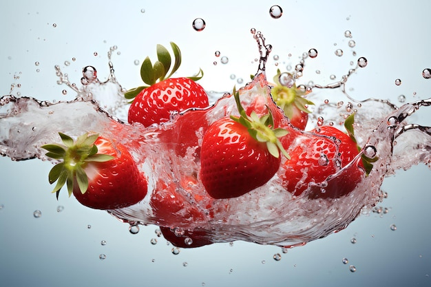 strawberries in splashes of water on white background