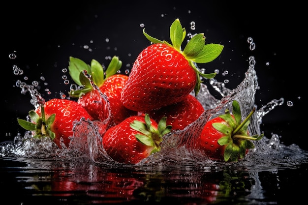 Strawberries splashing in the water with the word strawberry on the front.