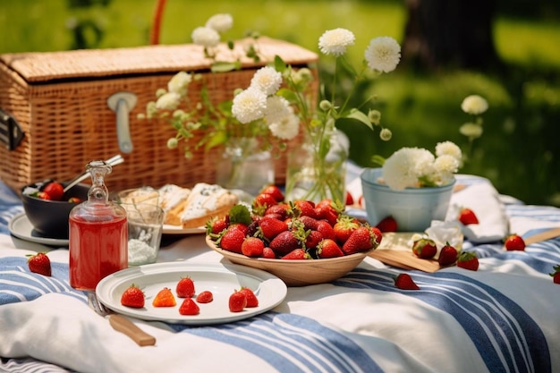 Strawberries and strawberries on a picnic table