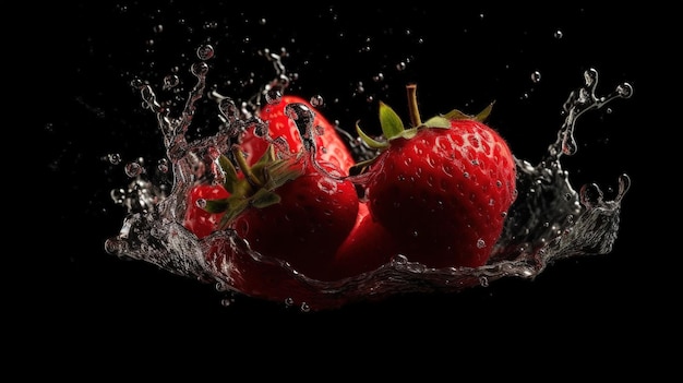 Strawberries in a water splash with a black background