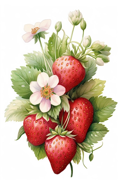 strawberries watercolor clipart cute isolated on white Background with Generative AI