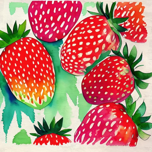 Strawberries Watercolor Painting Acrylic Illustration Reproduction