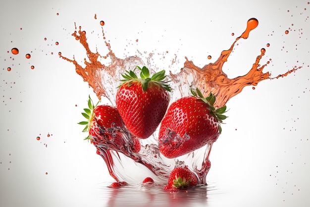 Strawberries on a white backdrop with a juice splash