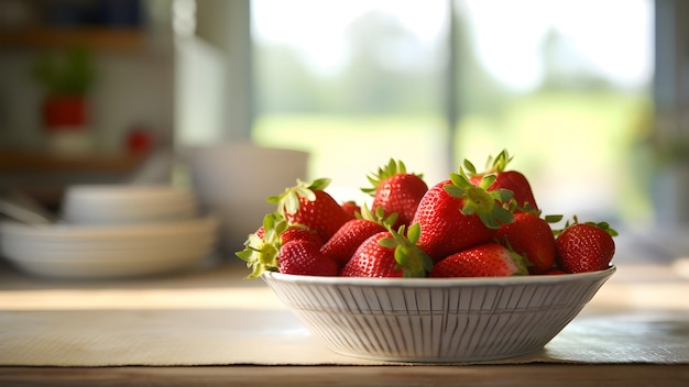 Strawberries on white bowl on kitchen