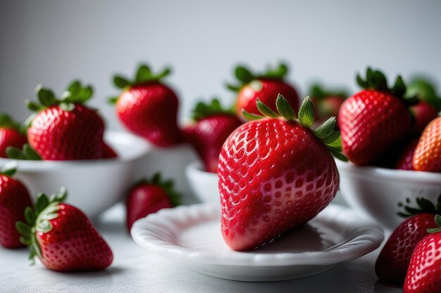 Strawberries in a white bowl on a white table selective focus