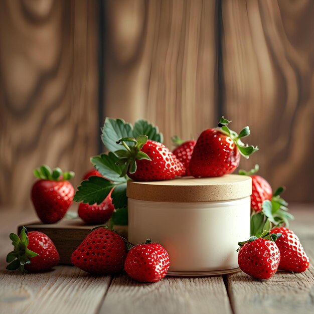 Strawberries in a white jar on top of a wooden table