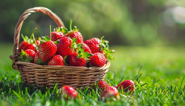 strawberries in wicker basket on green grass background AI Generative