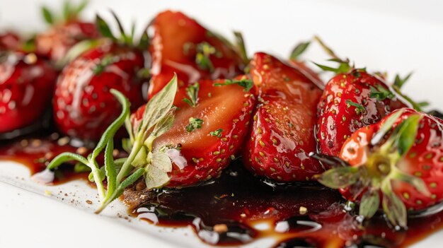 Strawberries with balsamic glaze and chopped herbs on a white plate