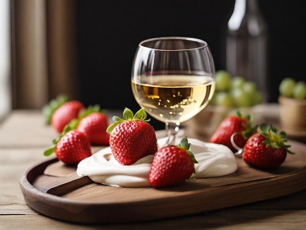 Strawberries with cream and glass of white wine on wooden tray