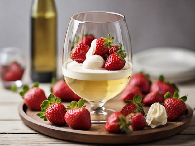 Strawberries with cream and glass of white wine on wooden tray