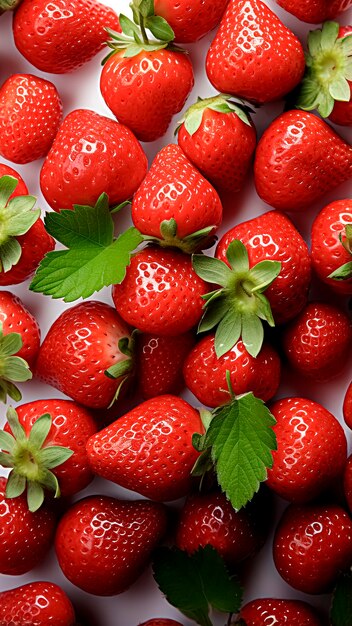 Foto fragole con foglie verdi su uno sfondo bianco vista dall'alto