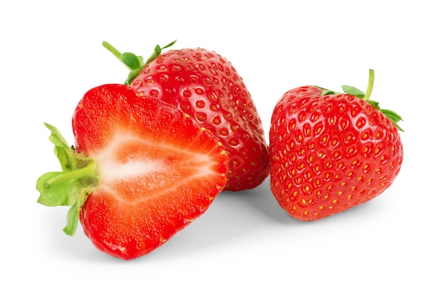 Strawberries with leaves. Isolated on a white background.