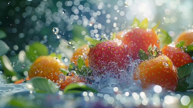 Foto fragole con foglie in spruzzo d'acqua