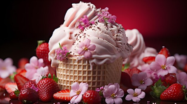 Photo strawberries with shiny strawberry ice cream on top of an ice cream cone