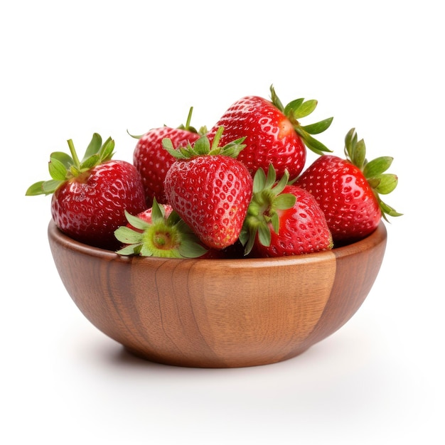 Strawberries on wooden bowl isolated on white background