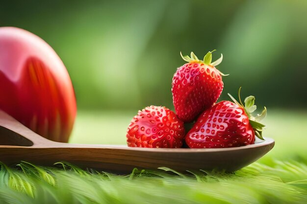 Strawberries on a wooden plate with green background