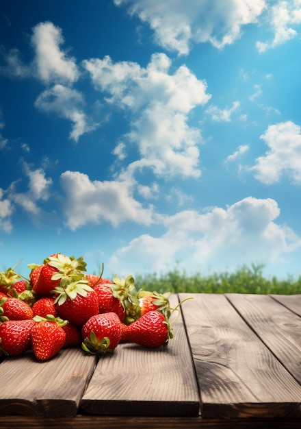 Strawberries on a wooden table with a blue sky in the background