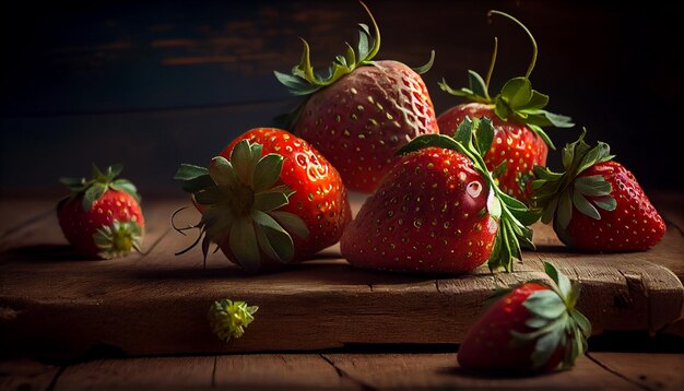 Photo strawberries on wooden tablegenerative ai