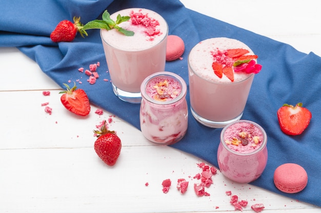 Strawberries and yoghurt breakfast on table