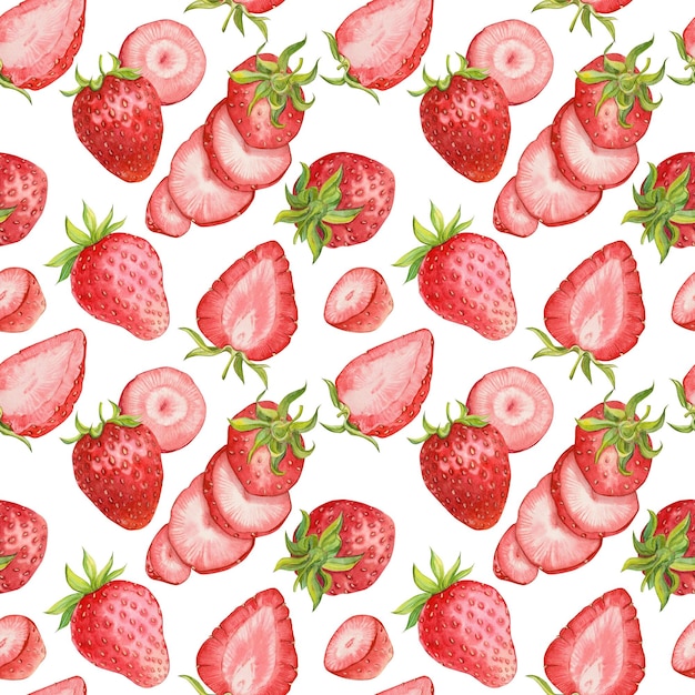 Strawberry background on a white background Watercolor seamless texture of ripe red berries for