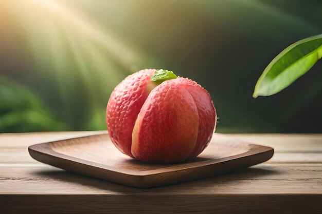 A strawberry and a banana on a cutting board