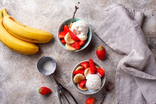 Strawberry, banana and ice cream dessert