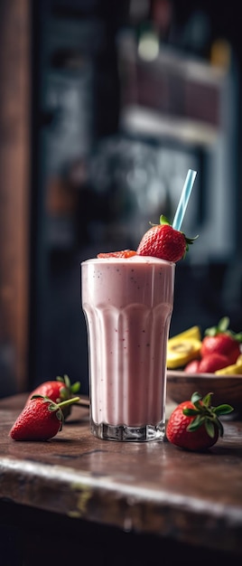 Strawberry Banana Smoothie On Stone Rustic Pub Mobile Wallpeper Postcard Generative AI