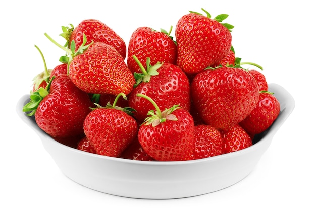 Strawberry berry with green leaf and flower isolated on white background