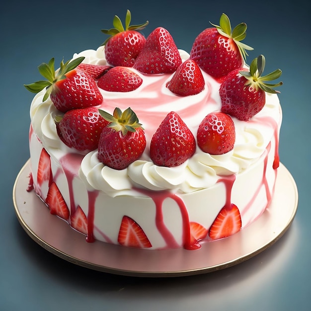 A strawberry birthday cake with cream and strawberries on top