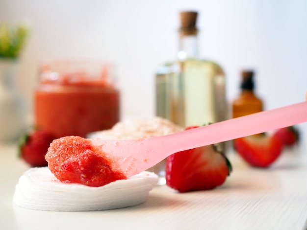 Strawberry body scrub with pink Himalayan salt and coconut oil