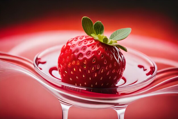 A strawberry in a bowl of sauce