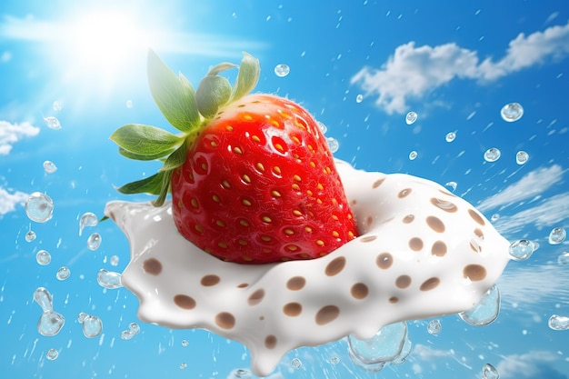 A strawberry in a bowl of yogurt with a blue sky in the background.