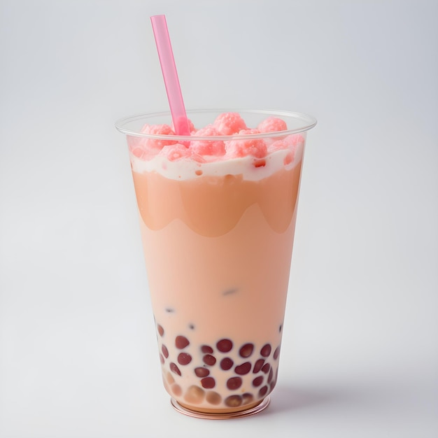 Strawberry Bubble tea or a bubble milk tea in disposable tall plastic cup with drinking straw Teabased drink with vegan milk crushed ice and strawberry tapioca balls isolated Generative AI