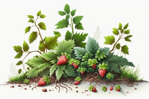 Strawberry bushes with foliage on a white background alone