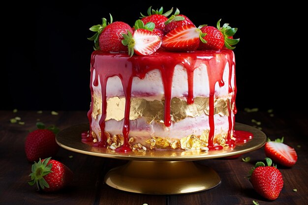 A strawberry cake adorned with a nest of spun caramel