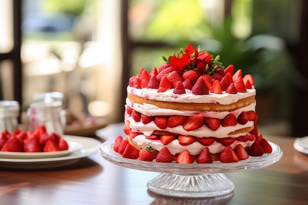 Photo strawberry cake displayed on a dessert cart at a food and wine festival