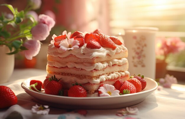 Photo a strawberry cake is being placed on a plate next to a flower