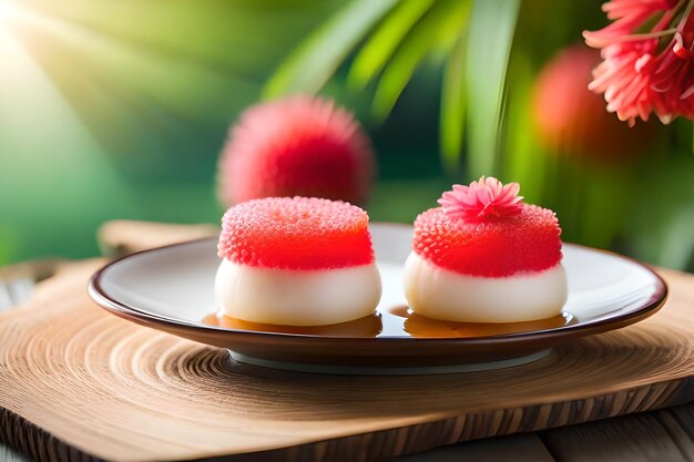 Photo strawberry cake on a plate with a blurred background