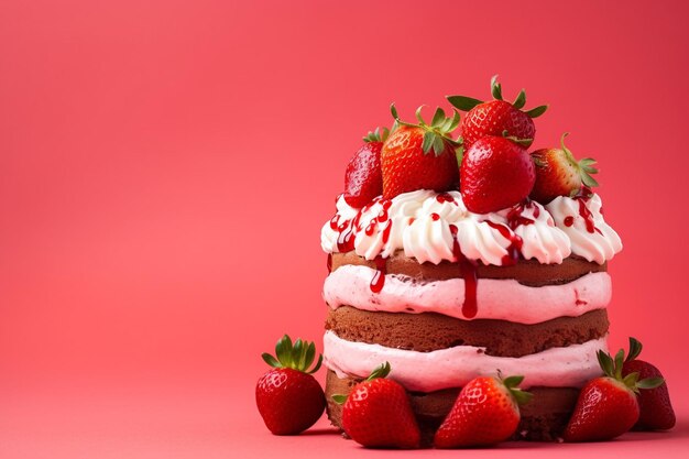 Strawberry cake on red background