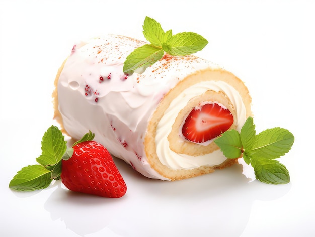 Strawberry Cake Roll en klein muntblad op wit