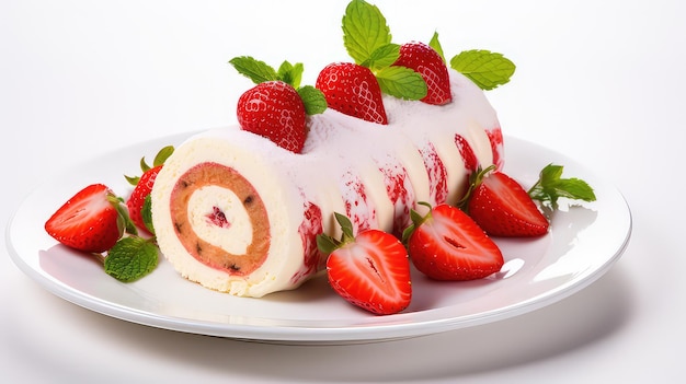 Strawberry Cake Roll met schijfje op witte tafel