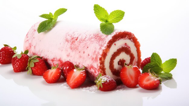 Strawberry Cake Roll met schijfje op witte tafel