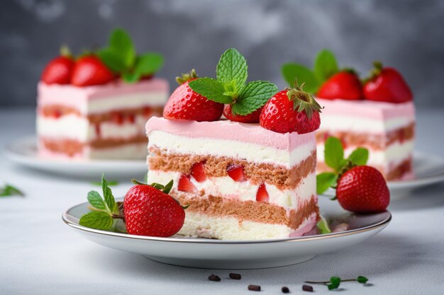 Strawberry cake slices arranged on a tiered stand at a high tea event