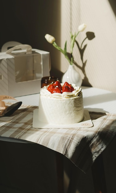 Strawberry cake, strawberry sponge cake with fresh strawberries and sour cream