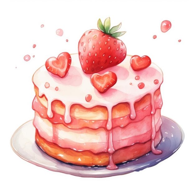 Strawberry cake watercolor illustration for Valentines day and wedding