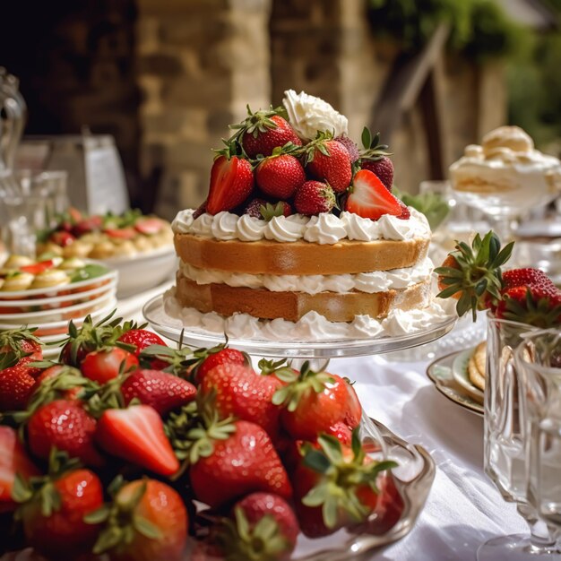 Strawberry cake for wedding birthday and party celebration holiday dessert event food catering country cottage style generative ai