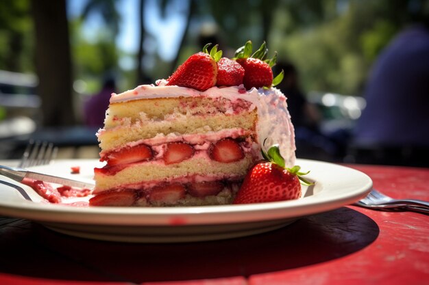 Foto torta di fragole con una fetta servita al tè per la giornata delle madri