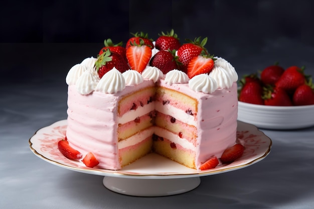 A strawberry cake with a slice taken out of it